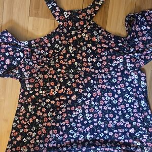 Michael Kors Navy Cold-Shoulder Floral Blouse with Pink & White Flowers